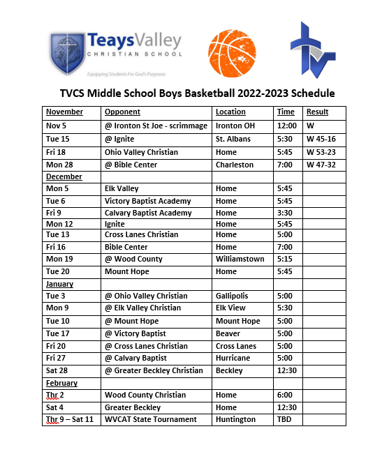 Schedules Teays Valley Christian School